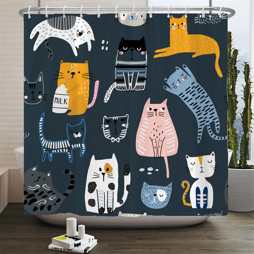 Cat Printed Shower Curtain Cartoon Animal Bath Curtains Bathroom For Bathtub Bathing Cover Shower Curtains with 12 Pcs Hooks