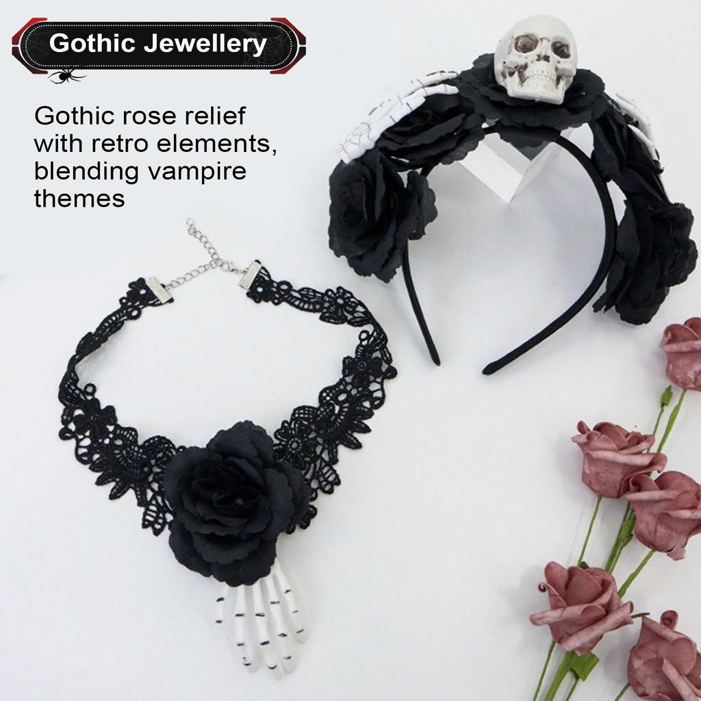 Gothic Lace Necklace Black Hair Hoop Gothic Lace Choker Soft Goth Headdress Halloween Cosplay Supplies For Theme Events Holidays