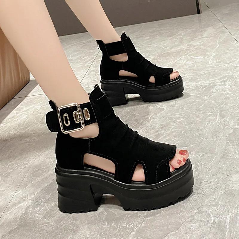 Platform Sandalias Female Hollow Fashion Sandals Boots Fish Mouth High Help Heel Summer Casual2024 Versatile Black Zapatos Mujer