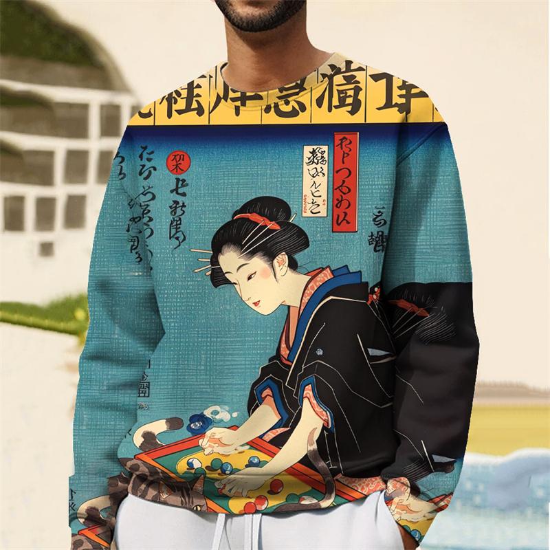 Fashion Japanese Ukiyo-E Graphic Sweatshirt For Men Spring Autumn Trend Long Sleeve 3D Printed Hoodie Casual Streetwear Pullover
