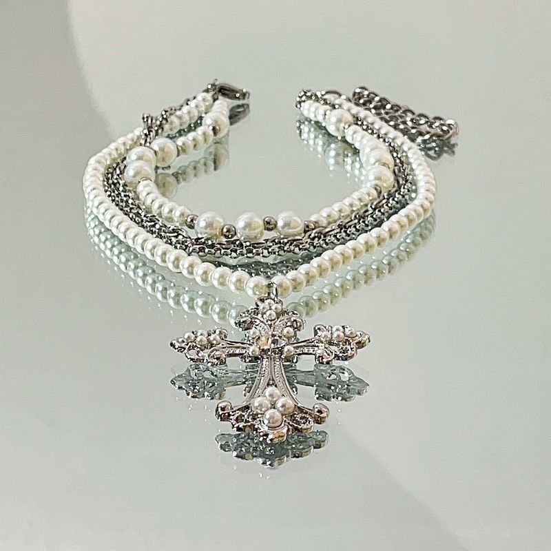 

Fashion Niche Multi-Layer Short Pearl Necklace Female Accessories Cross multilayer pearl necklace