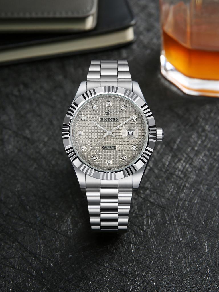 Men's Quartz Watch with Diamond-Encrusted Dial and Stainless Steel Strap Simple Business Style Perfect Gift for Any Occasion