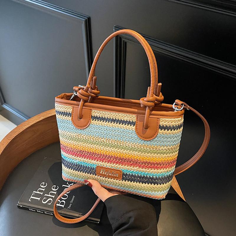 

2025 New Fashion Women Summer Boho Woven Rainbow Straw Beach Handbags New Brand Trendy Vacation Tote Bag Crossbody Shoulder Bag