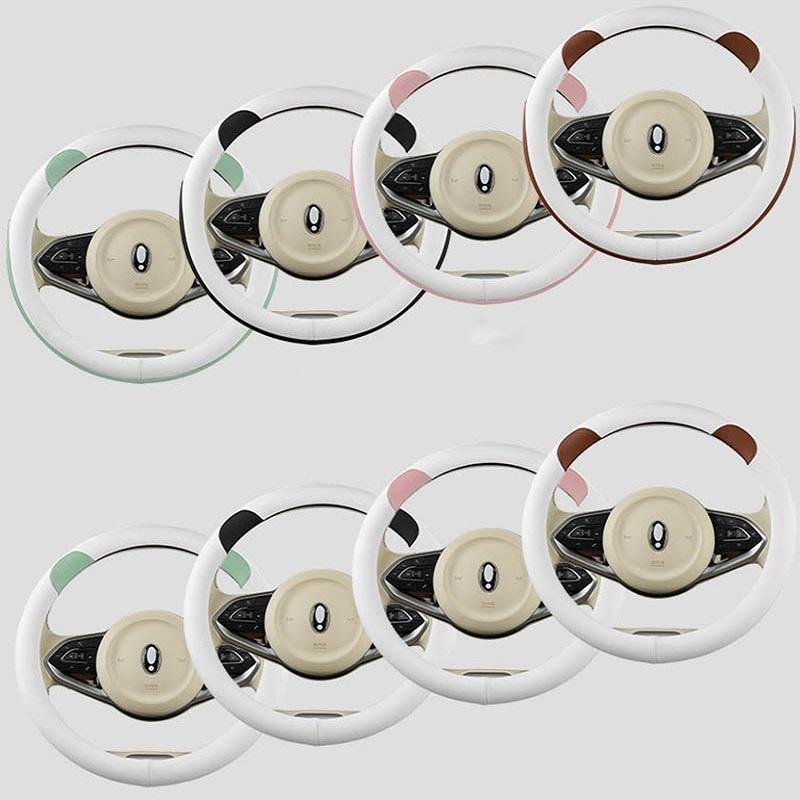 New Bear Cartoon Ear Full Leather Car Steering Wheel Cover Ultra Thin Antislip