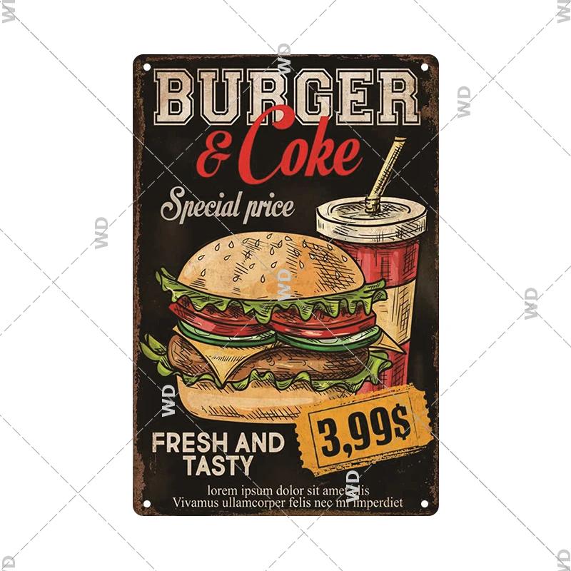 Panneau en étain pour hamburgers, frites, HotDogs, FastFood, Plaque métallique rétro Vintage, affiche en métal, Pizza BBQ pour décoration murale de cuisine
