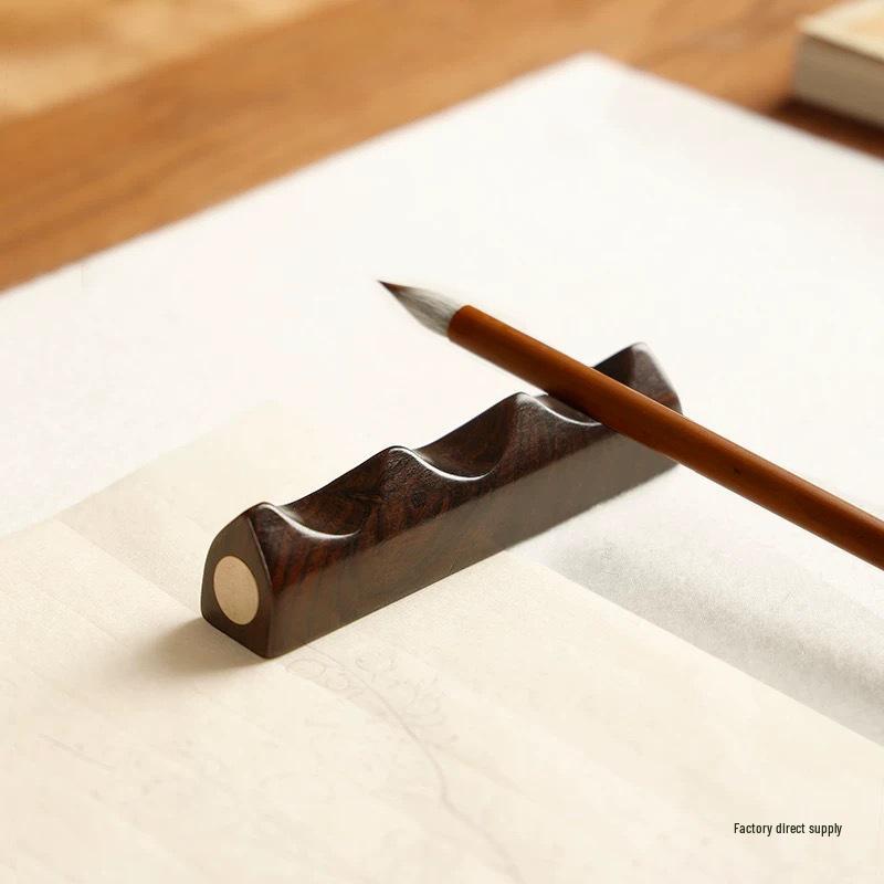 Ebony Inlaid Copper Brush Holder: Solid Wood Pen Rest for Calligraphy Supplies