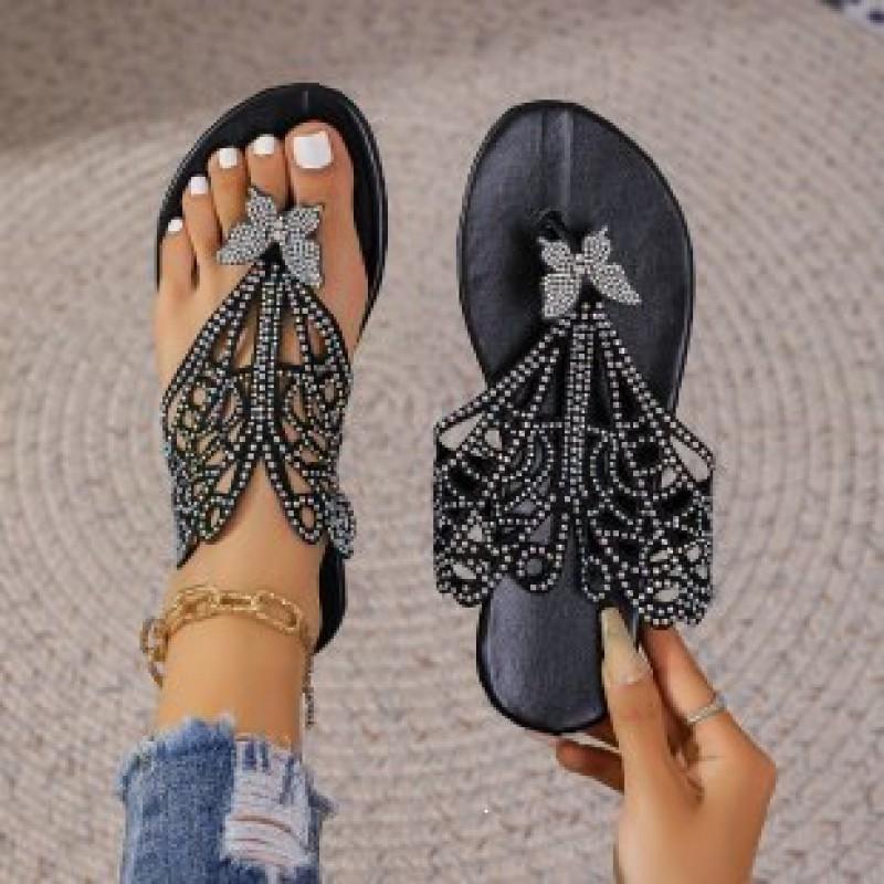 Womens Bohemian Rhinestone Flat Flip Flops Sandals With Toe Loop Velvet Upper Rubber Sole Plus Size 36-43