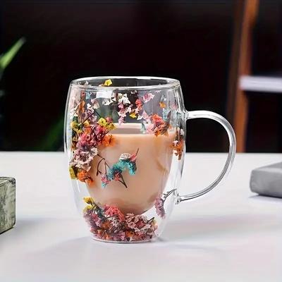 4 Pieces, Flower Inside Glass Coffee Cup, 350Ml/11.83Oz Double Walled Espresso Cup, Insulated Quicksand Water Cup,Summer