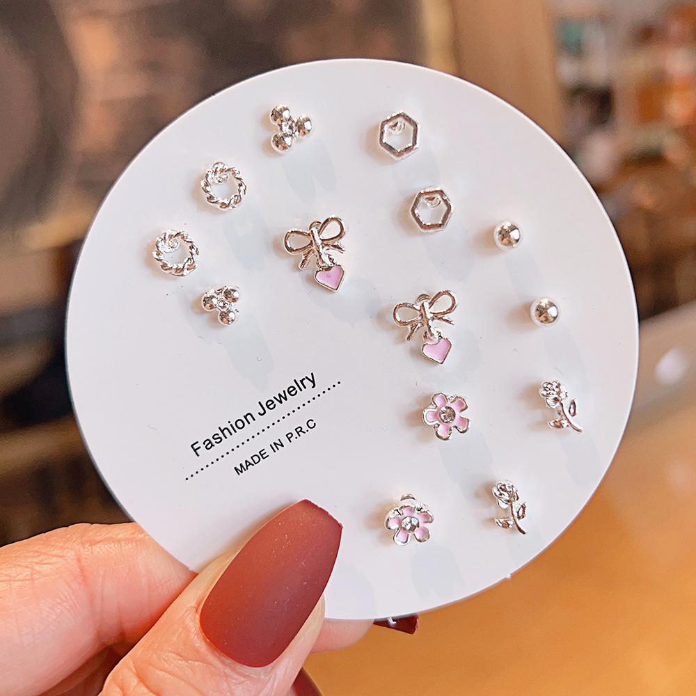 Titanium Steel One-week Stud Earrings 1 Combination Korean Fringed Bow Ins Versatile Cute Earrings for Women