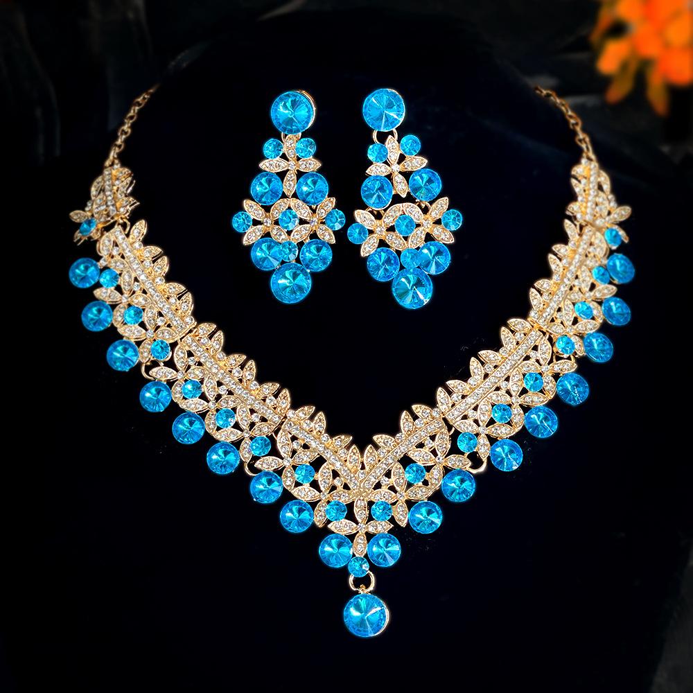 Exquisite Colored Rhinestone Necklace Earrings Set Party Dress Accessories Necklace