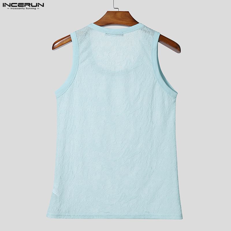 INCERUN Summer Men Sleeveless Lace Mesh Sheer Casual Fitted Tank Tops Vest