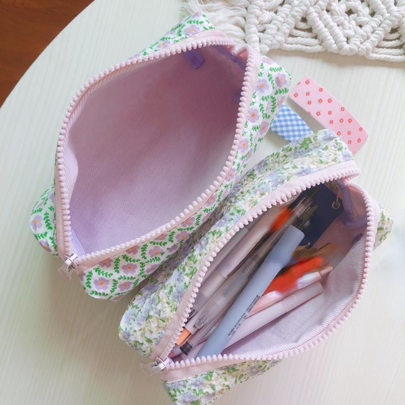 Light Colored Floral Storage Bag Cute Cotton Toiletry Bag Student Stationery Floral Pencil Case Sweet Beauty Style Storage Bag