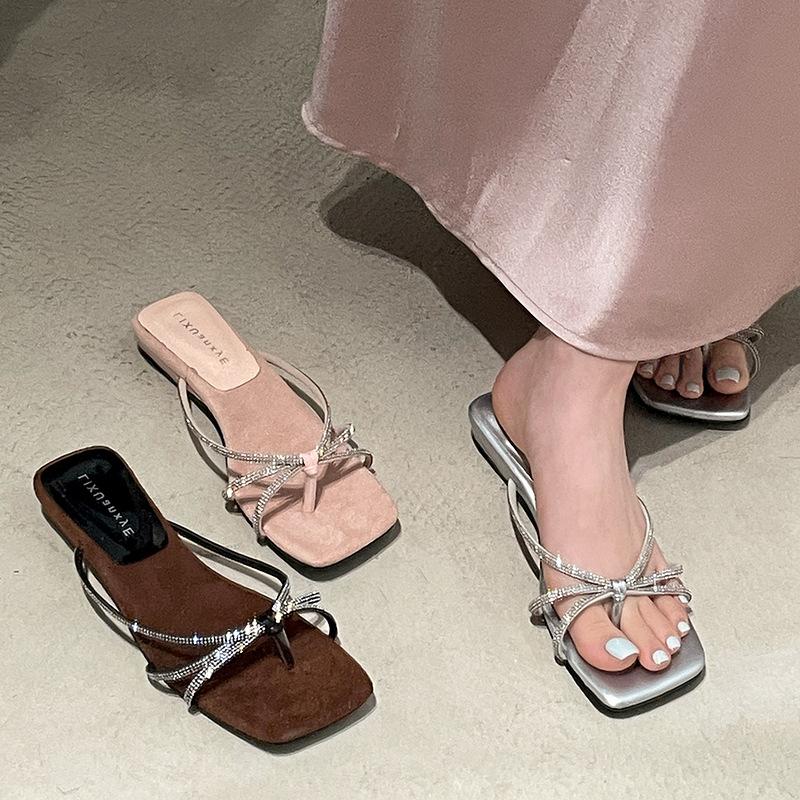 Fashion temperament silver fairy style low heel one-word slippers women's summer wear cool slippers