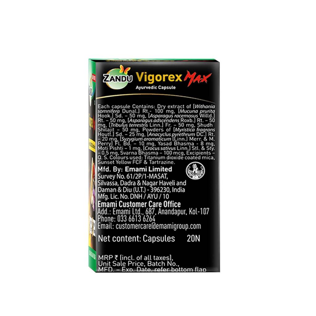 Zandu Vigorex Max Energy Support 20 Capsules With Shilajit Saffron Ashwagandha Herbal Formula For Men Daily Vitality Pack Of 1