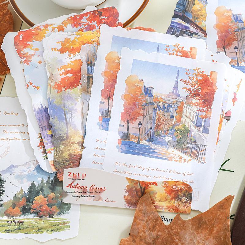 Wind Chasing Series: 30 Sheets White Kraft Paper for Landscape-Themed Collage and Decoration