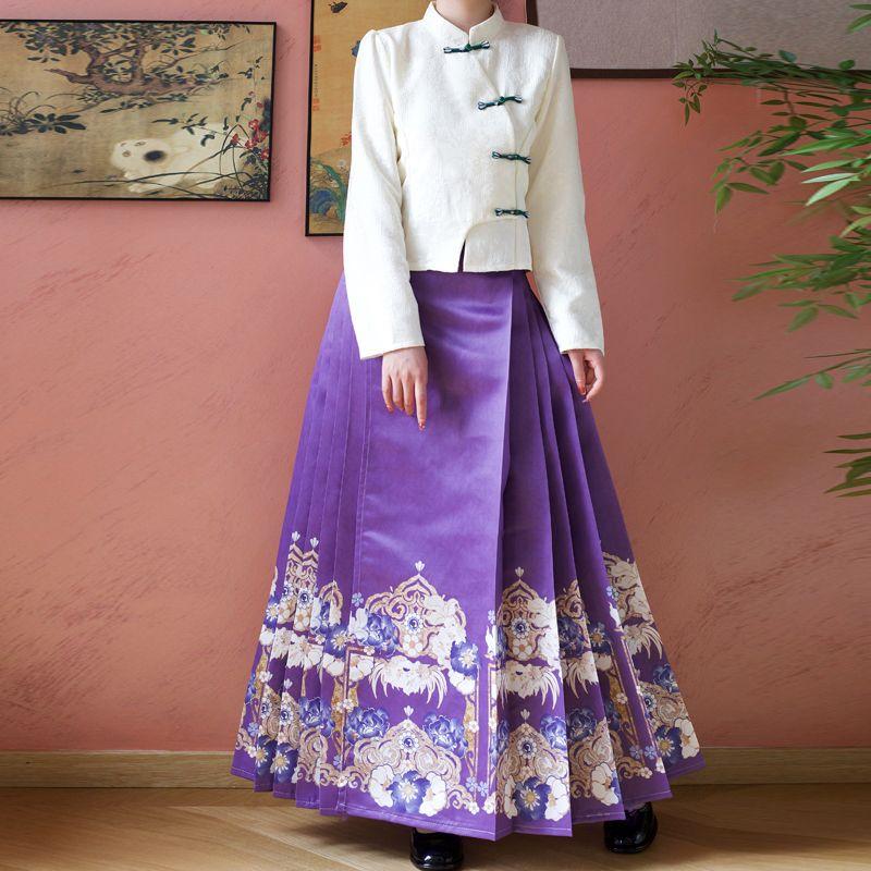 Chinese Ming Dynasty Style Hanfu For Women Stand Collar Summer Daily Printed horse-face Skirt