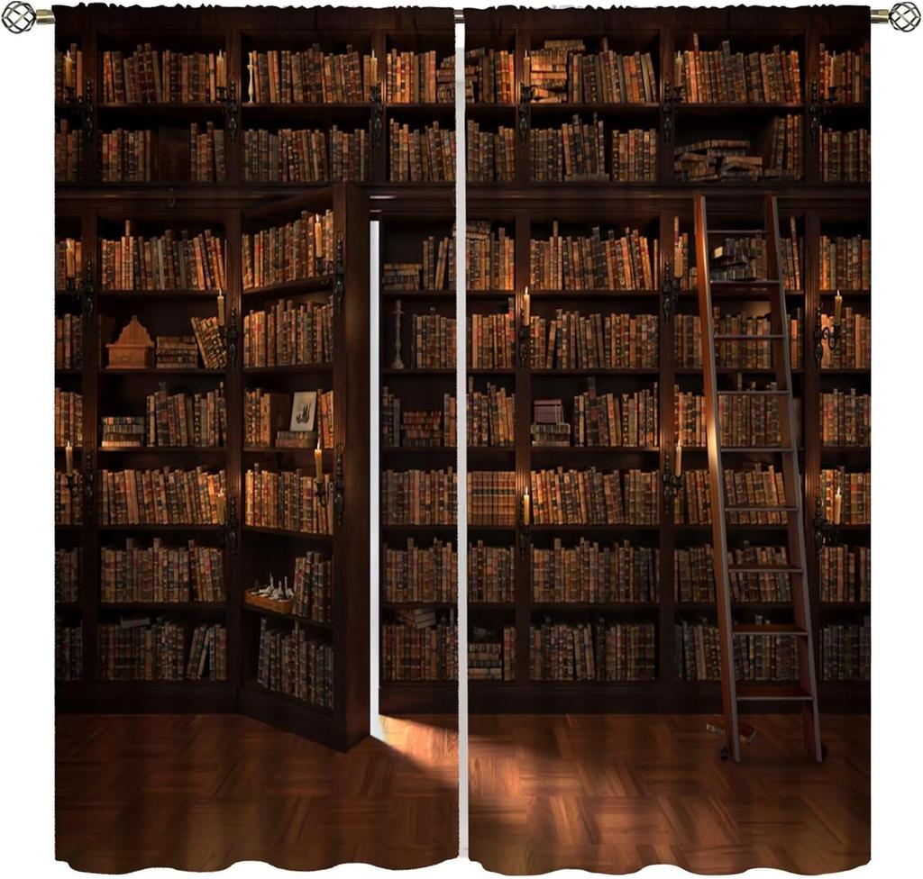 Gothic Bookshelf Curtain Antique Bookcase Spooky Skull Magic Book Halloween Themed Decor Window Kids Teens Adults Curtains Made Of Polyester