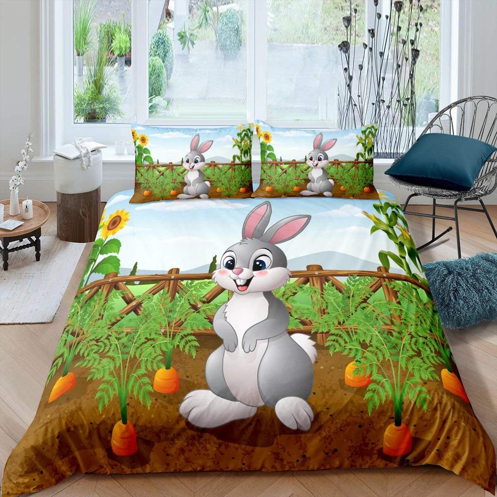 Kids Cartoon Rabbit Carrot King Queen Duvet Cover Boys Girls Cute Bunny Bedding Set Animal Quilt Cover Polyester Comforter Cover