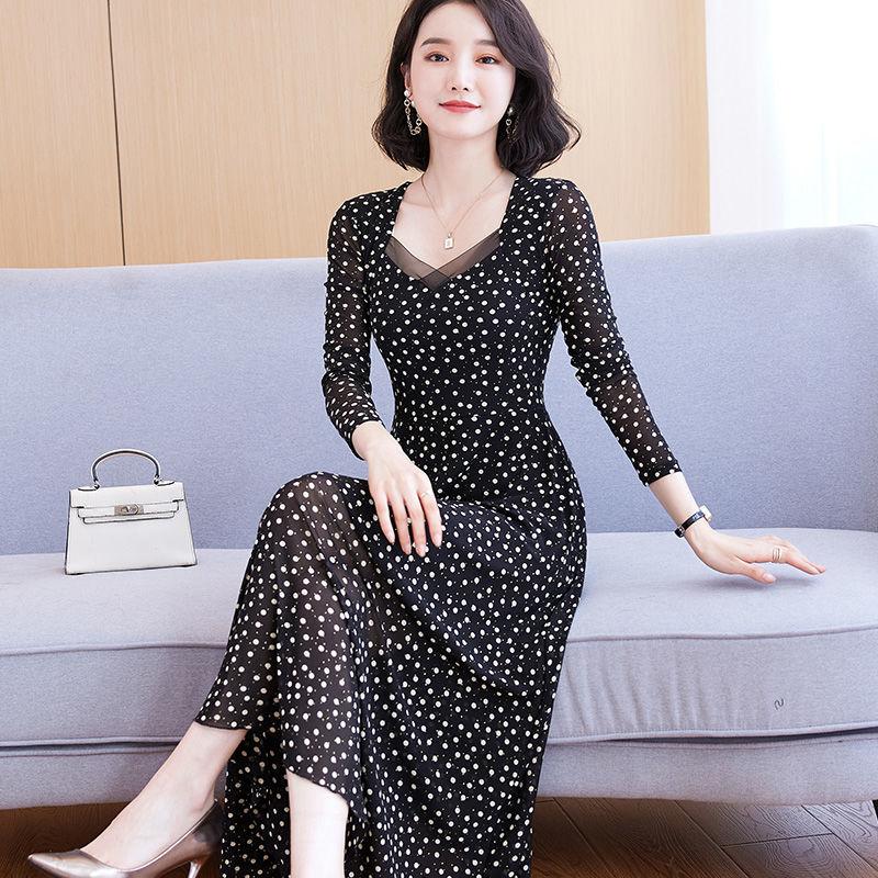 Fashionable Square Neck Elegant Mesh Dress Women's Long Sleeve Spring Autumn Long Style Slim Temperament Long Printed Skirt