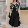 ZANZEA Womens Summer Casual Fake Two Piece Patchwork Short Sleeve Dress