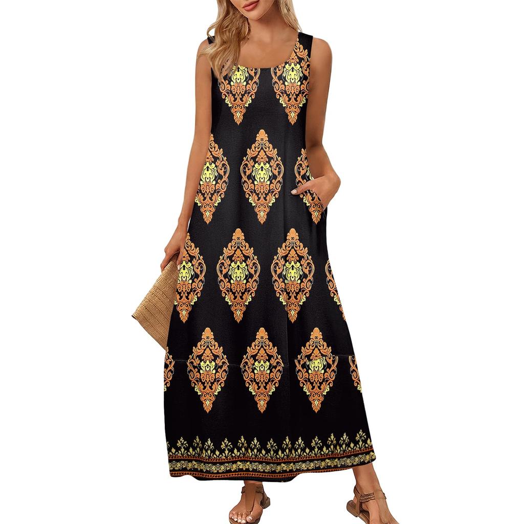 Women's Summer Fashion Round Neck Sleeveless Beach Dress Vintage Printed Dresses