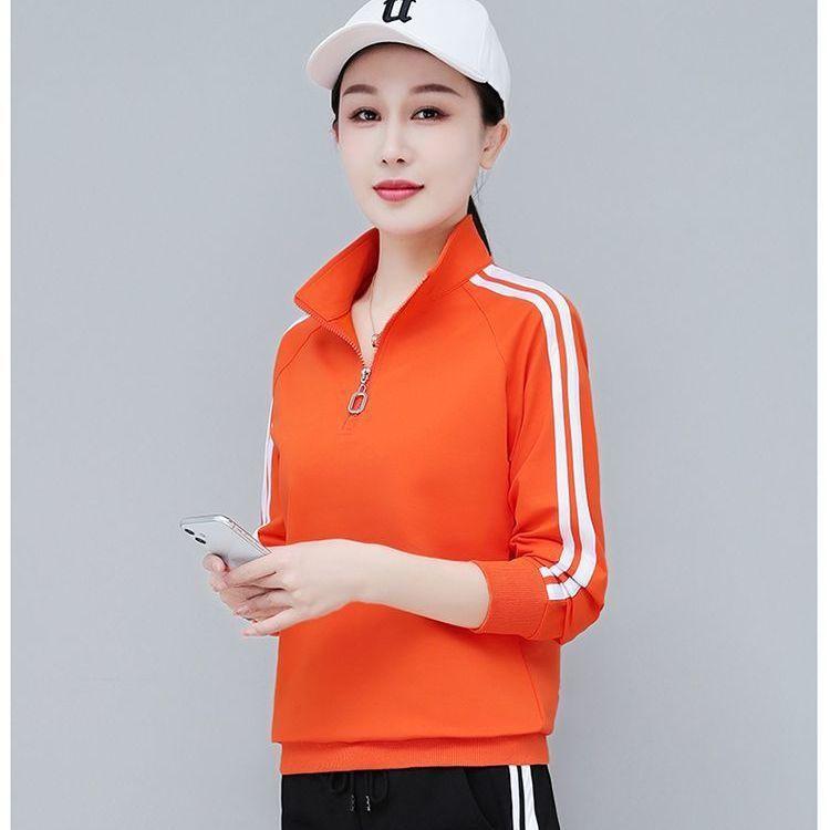 [Featured] Spring and Autumn new stand-up collar age-reducing splicing sweater two-piece set versatile loose large-size women's suit autumn model