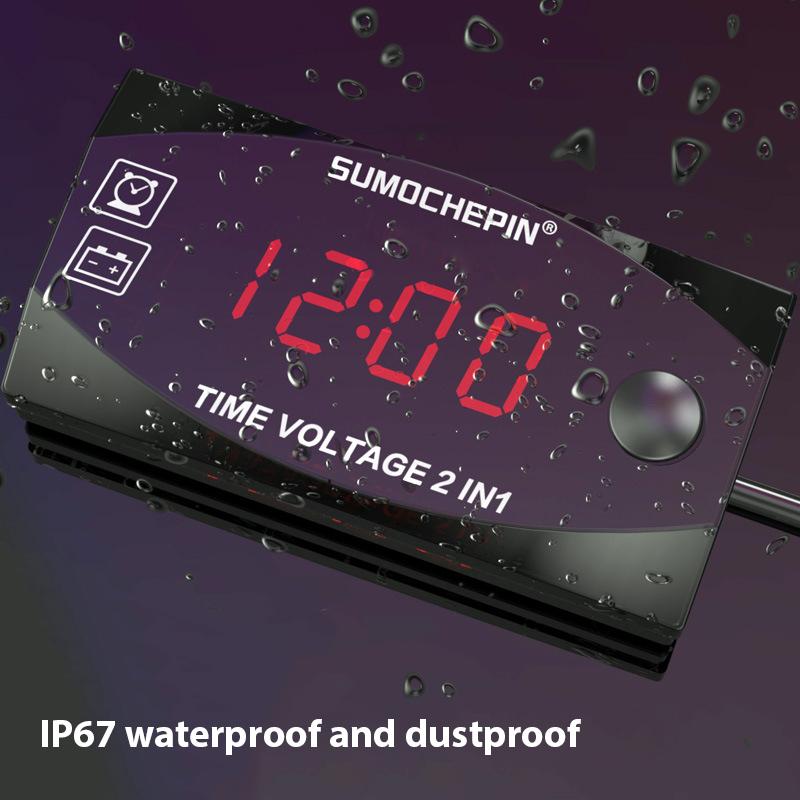 2 In 1 Universal Motorcycle Electronic Clock Voltmeter Ip67 Waterproof Display