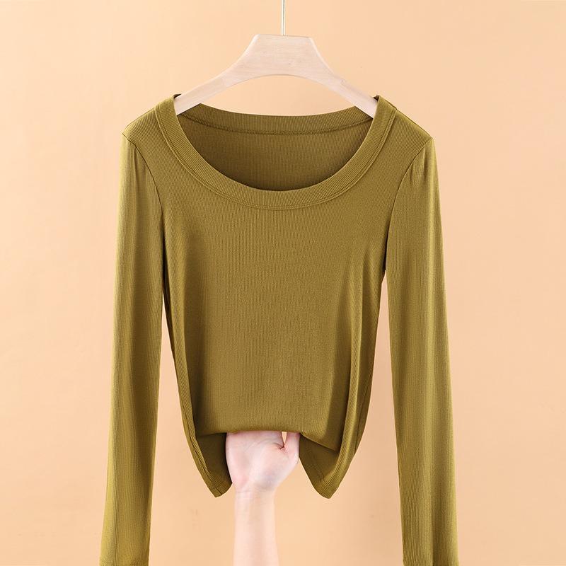 

Modal big round neck bottoming shirt women s long-sleeved shirt spring and autumn new solid color inner low neck white top 3XL