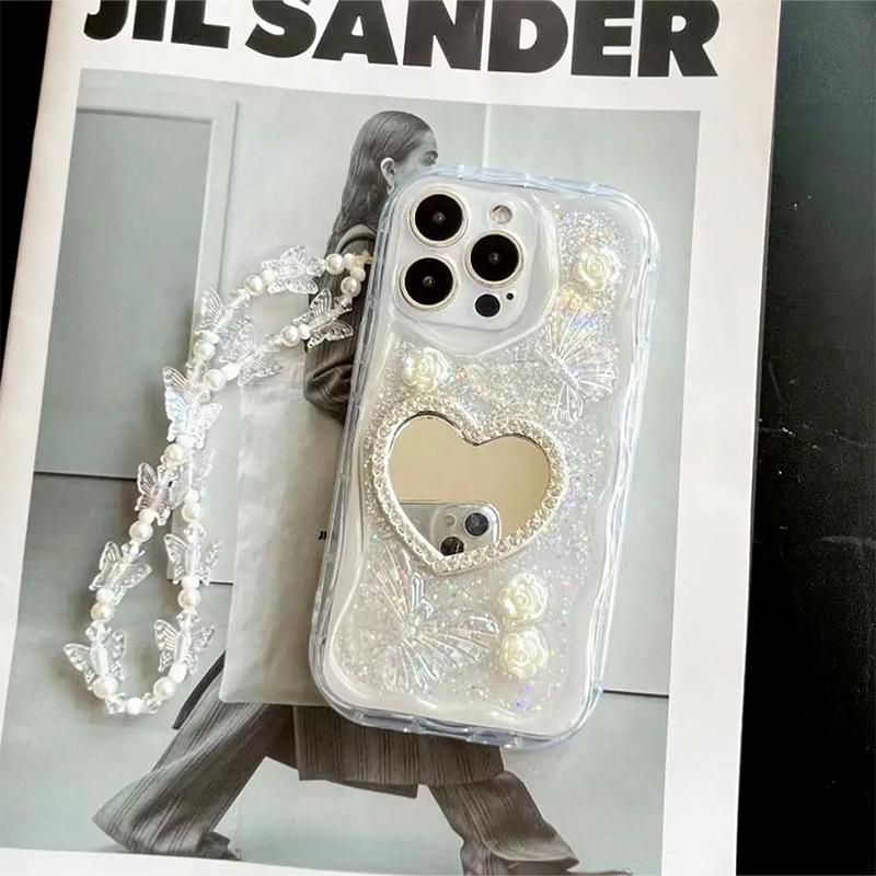For Iphone17Promax Dripping Glue, Love Rhinestones, Mirror Phone Case, Apple 15Plus, Butterfly Flower 16