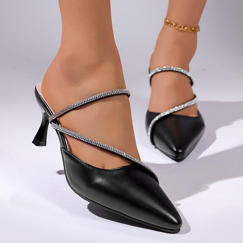 Crystal Strap Black High Heel Sandals for Women Summer Pointed Toe Kitten Heel Ladies Office Shoes Plus Size 42 Party Shoes