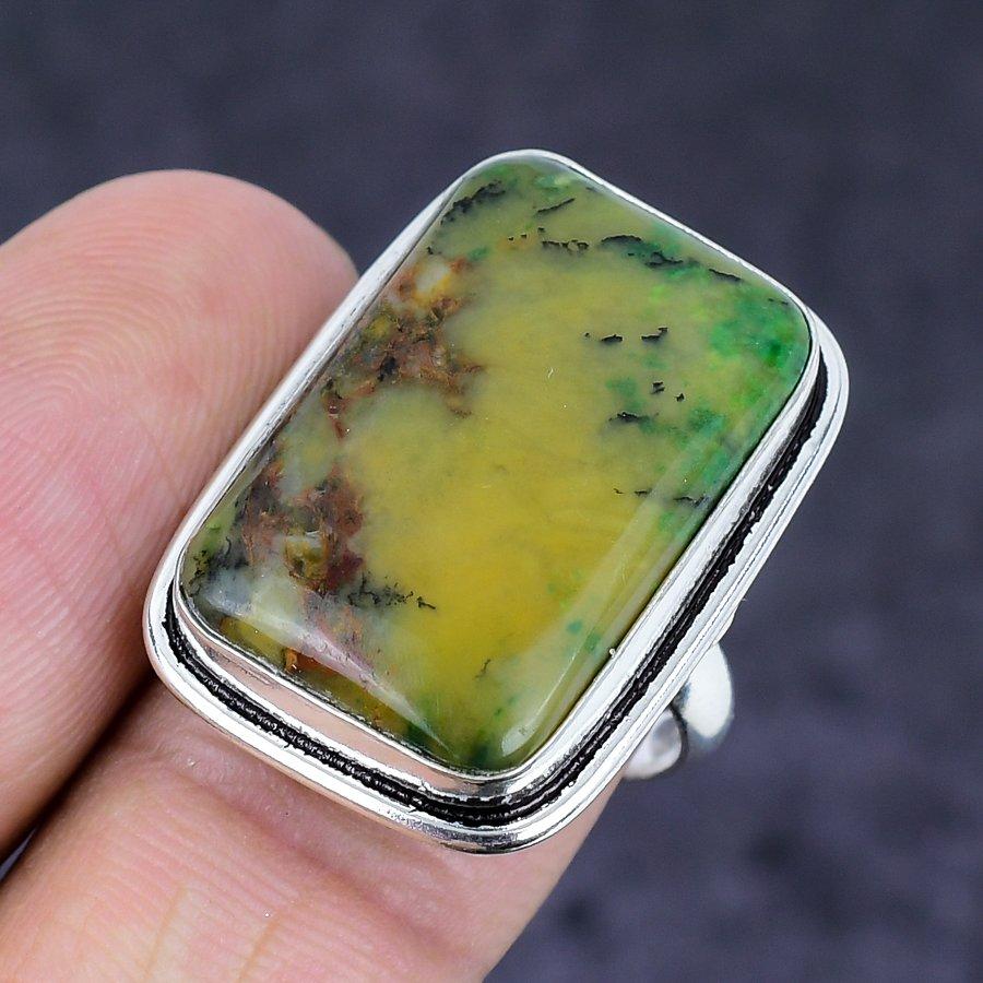 Natural Yellow Dendritic Gemstone 925 Sterling Silver Jewelry Ring Size 8 l4d18