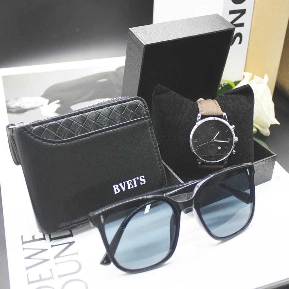 4pcs Set Fashion Sunglasses Men's Leather Wallet Outdoor Watch Men's Men's Glasses for Men Include Bracelet Box for Holiday Gift