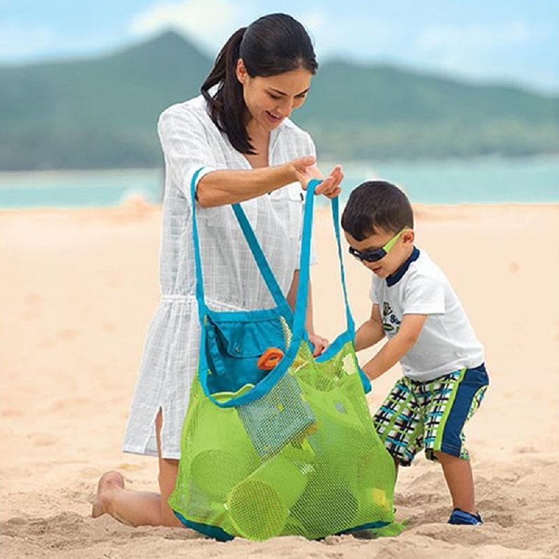 Portable Mesh Beach Bag Foldable Swimming Pouch Children Beach Toy Baskets Storage Bag Large Capacity Shoulder For Travel Picnic
