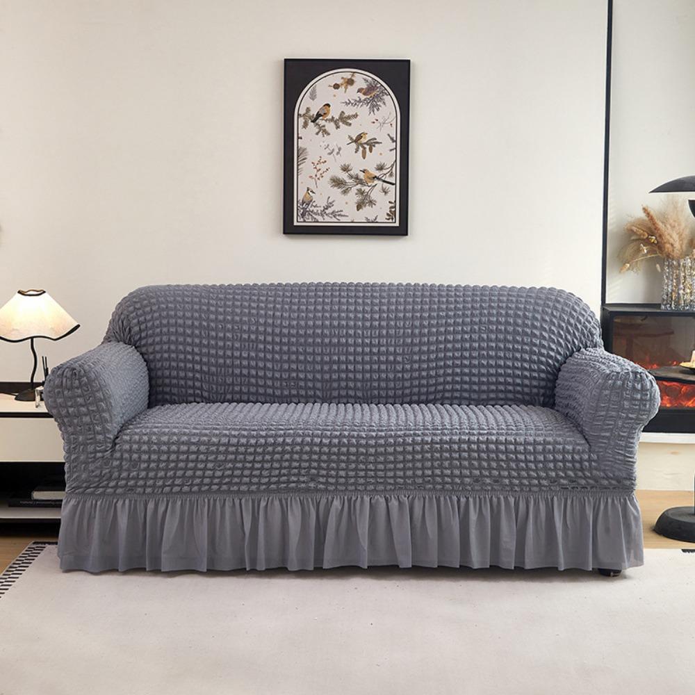 Premium Thick Bubble Gauze Sofa Cover Full Elastic Lace Trim Skirt Design All Season Stretchable