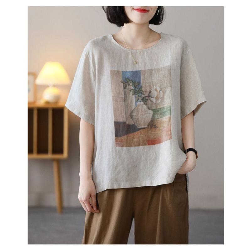 YYFS Women's Fashion Casual Summer Spring Flower Pattern Print 1/2 Sleeves O-Neck Blouses & Shirts