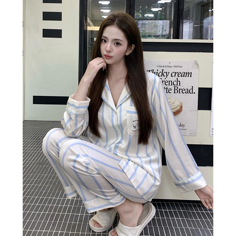 Striped Dog Cute Cartoon Women's Pajamas Autumn and Winter Ice Silk Long-sleeved Loungewear Warm and Comfortable Suit