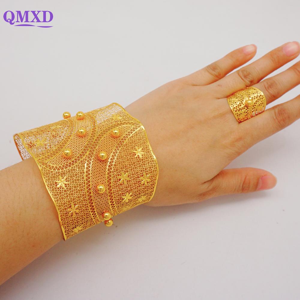 Dubai Gold Color Bangle With Ring For Women Charm Chain Cuff Bracelet Indian Bracelet Arabic France Bridal Wedding Jewelry Gifts