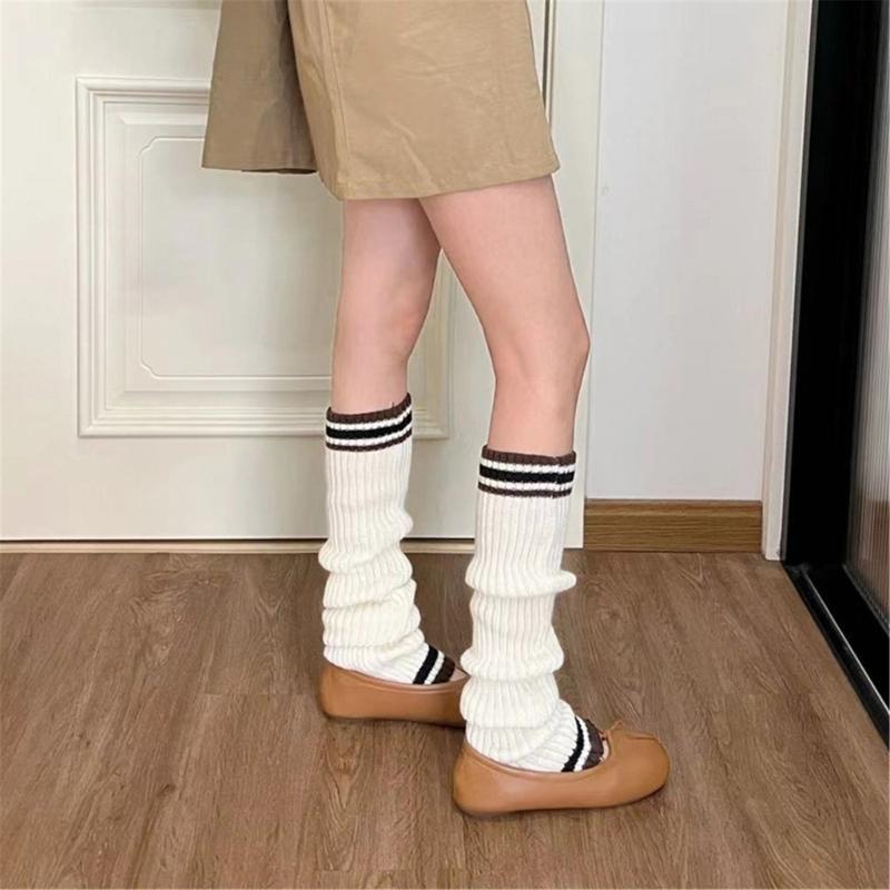 Student Vintage Double Striped Ribbed Knit Leg Warmers Slouch Leg Covers Boot Cuffs Stretchy Long Boot Socks for Women