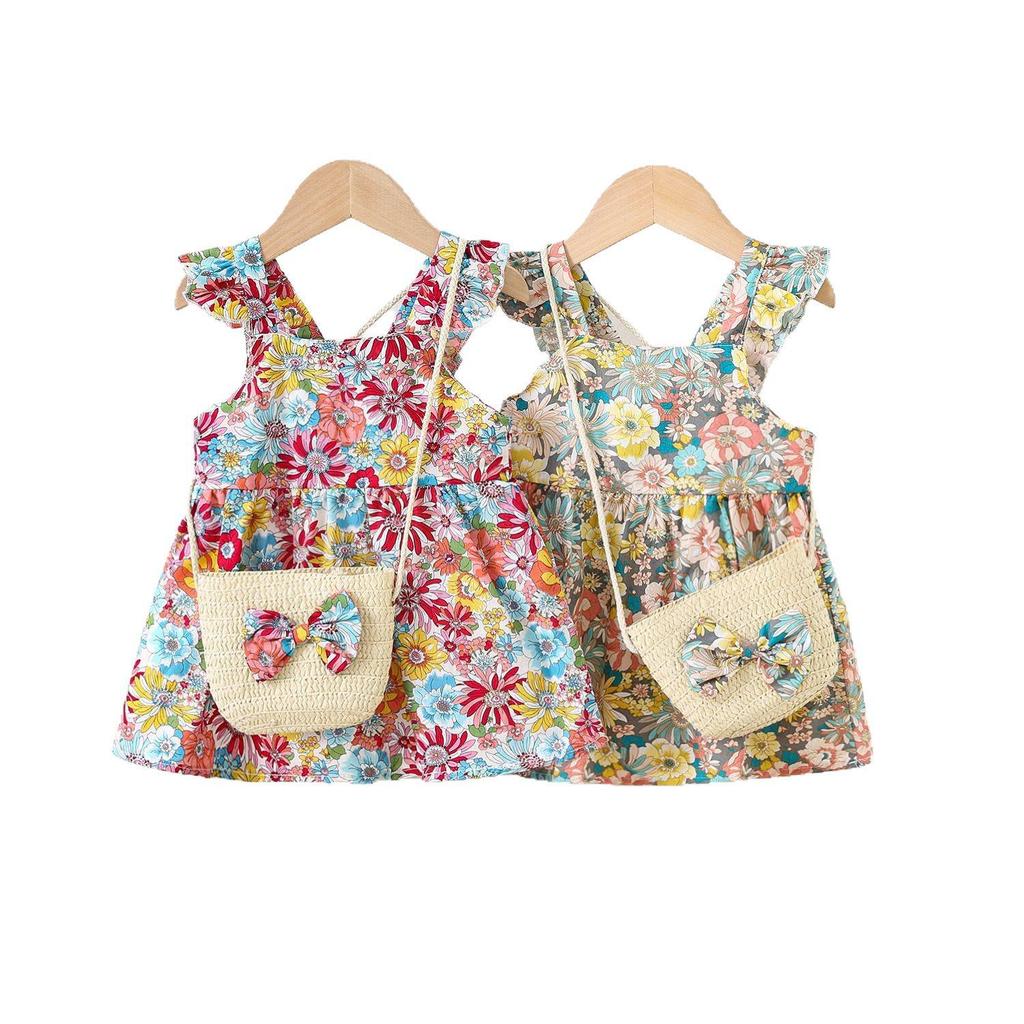 Summer Baby Girl Flutter Sleeve Dress with Bag - Princess Toddler Outfit, All-Over Print.