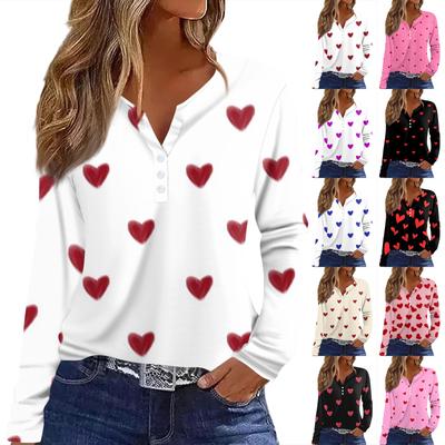 Women's T Shirt Tee Valentine's Day Printed Button Long Sleeve Tunic Daily Weekend Fashion Basic V- Neck Regular Top