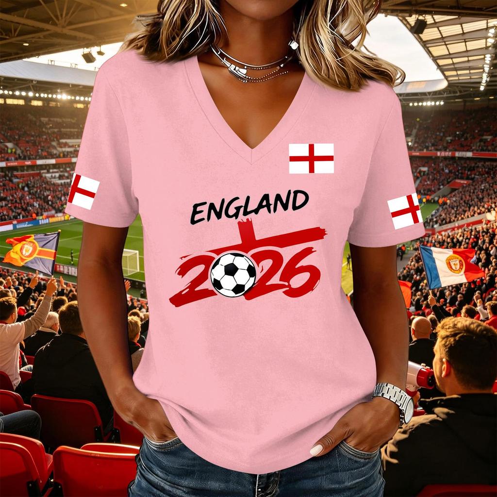 Women's Casual V Neck Short Sleeve Pullover Top Football Flag Print Support Tee Shirt for Sports Events