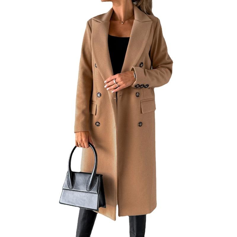 QICED Women's Coat Versatile Tweed Coat Solid Colour Long Sleeve Double Breasted Plug Pockets