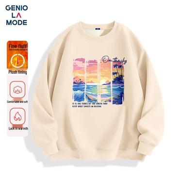 GENIOLAMODE Men's Fleece-Lined Wave Art Print Sweatshirt