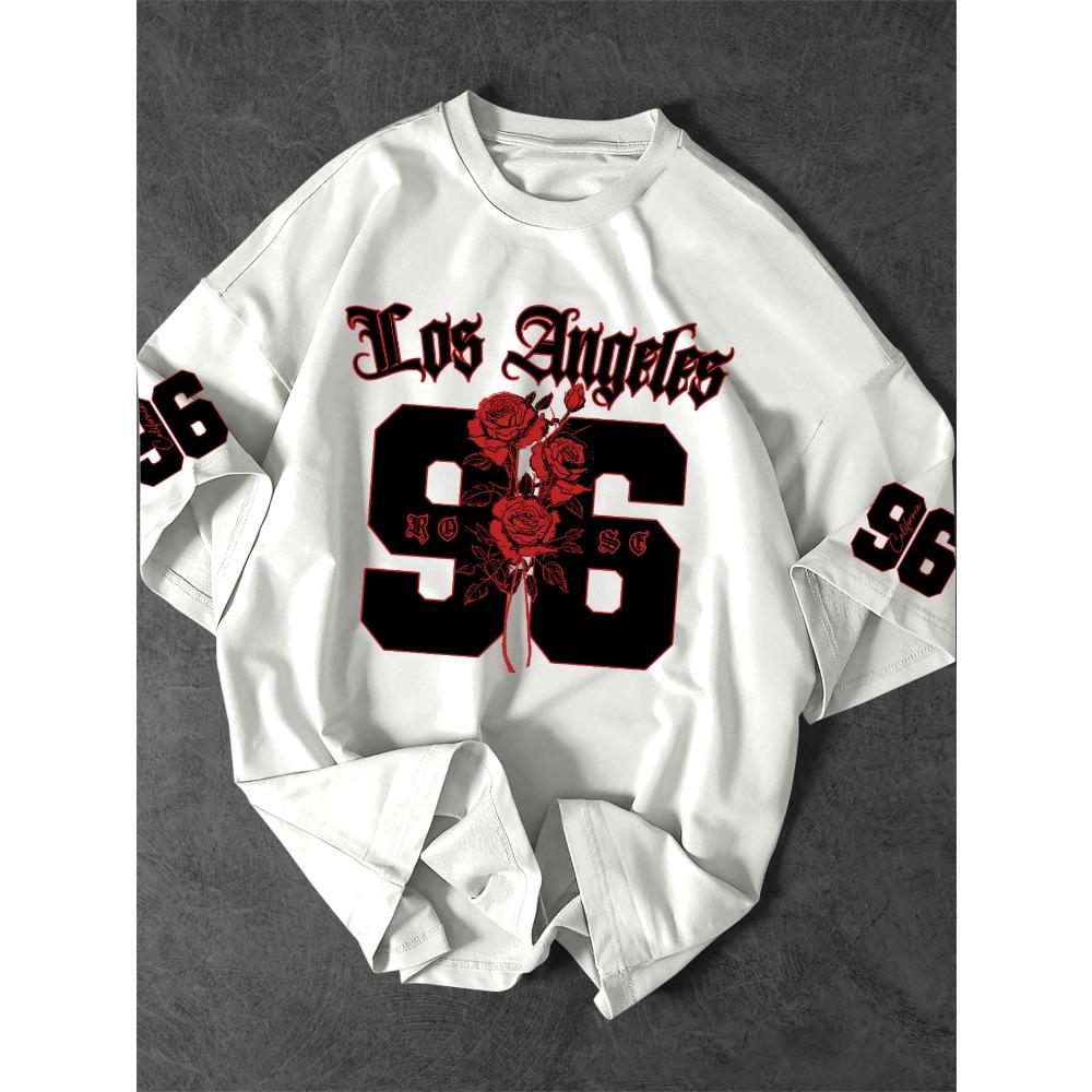 

New Men s Los Angeles 96 T-Shirt Gothic Red Rose Print Streetwear Crew Neck Short Sleeve Polyester XS