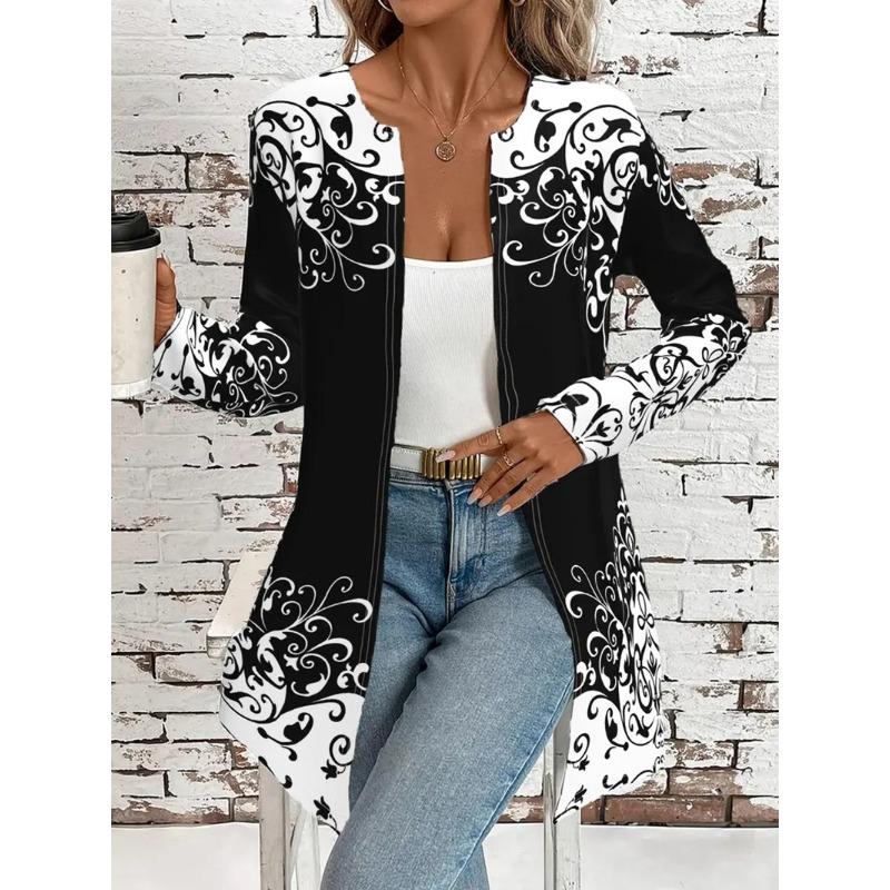 

Женский стильный кардиган с черно-белым цветочным принтом - Длинный рукав, круглый вырез, свободный крой для осени/зимы, идеально подходит для повседневной носки или для поездок на работу S чёрный