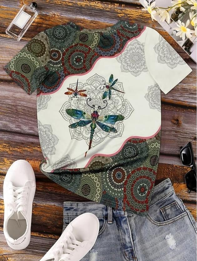 Boho Ethnic Dragonfly Print Women T-shirt Vintage Mandala Pattern O-Neck Short Sleeve Casual Tops 2026 Summer Fashion Patchwork