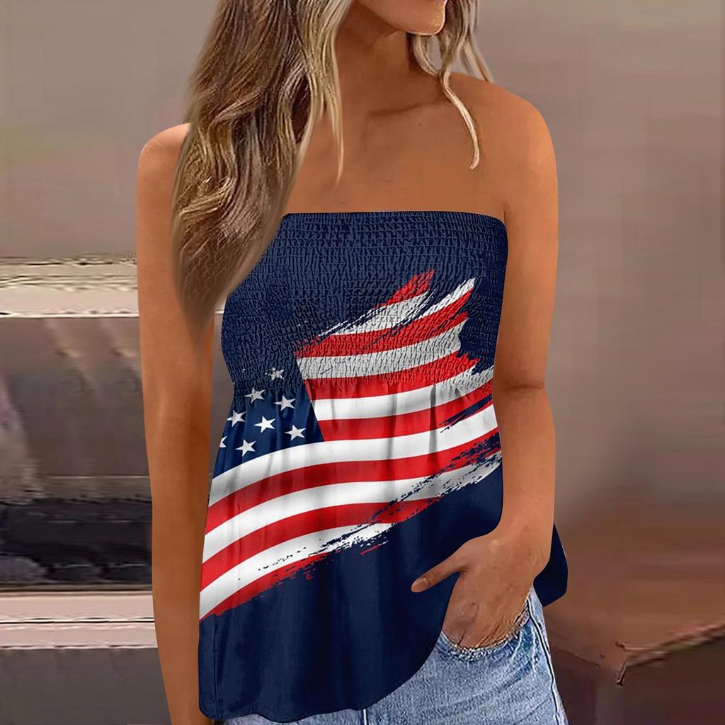 Topy tubowe dla kobiet, słodka seksowna koszulka bez rękawów z odkrytymi ramionami i nadrukiem Dnia Niepodległości