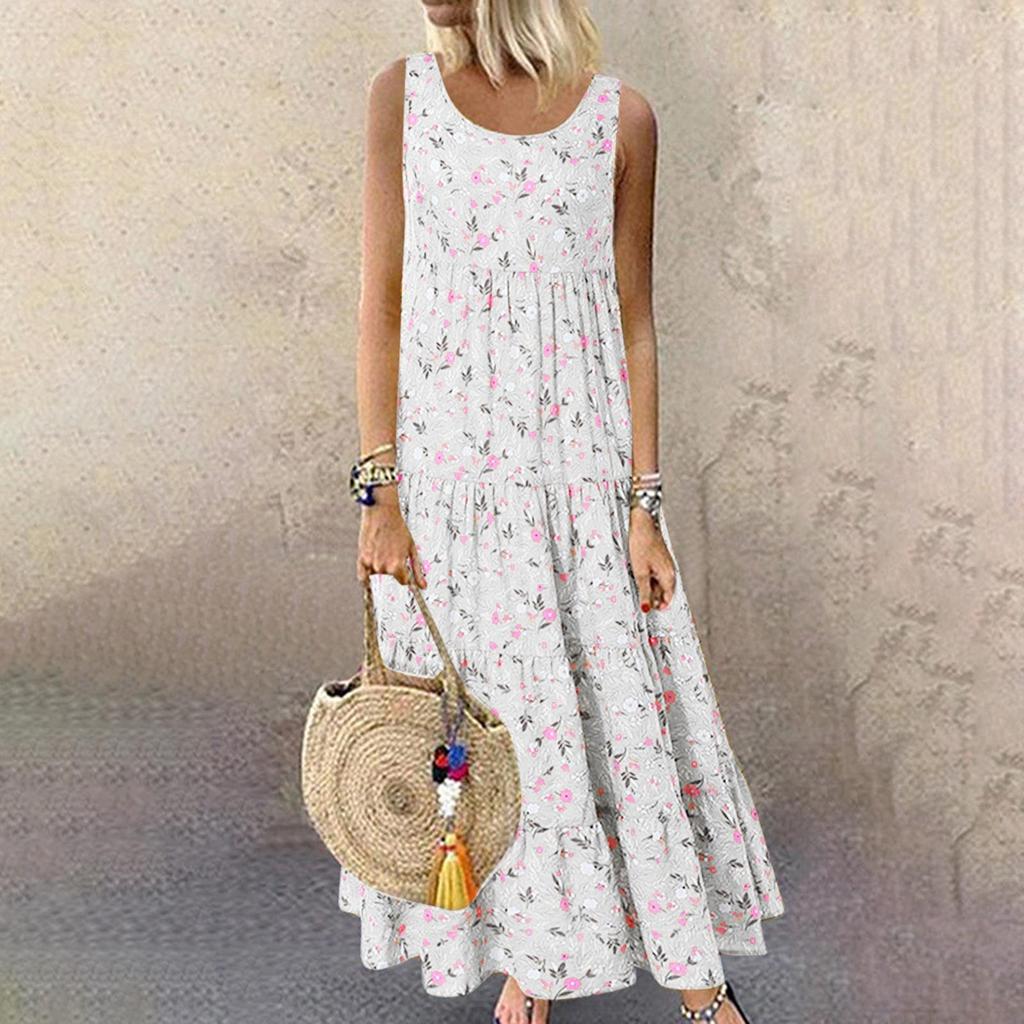 Women's Vest Dresses Summer Spring Pleated Bohemian Dresses Cute Sleeveless Flowing Beach Straight T-Shirt Tank Dresses Round Neck Dresses