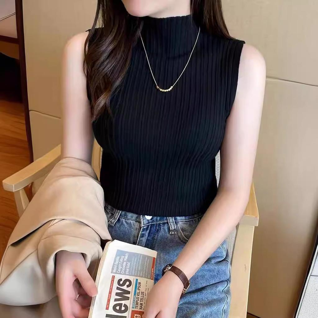 Half High Neck Sleeveless Vest Base Top for Spring Style, Paired with Knitted Women's Clothing