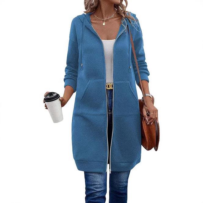 Women's Hooded Long Zip-Up Coat In 15 Colors